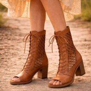 Vintage Foundry Co. Brown Leather Normandy Lace Up Peep Toe Boots Women's Size 8